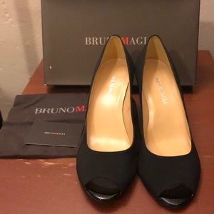 Bruno Magli black fabric peep toe pumps
